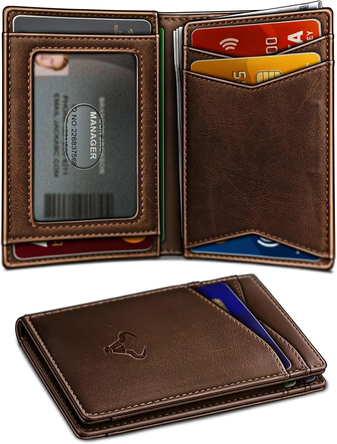 Portafoglio sottile in pelle da uomo con chiusura magnetica, blocco RFID, 11 scomparti per carte