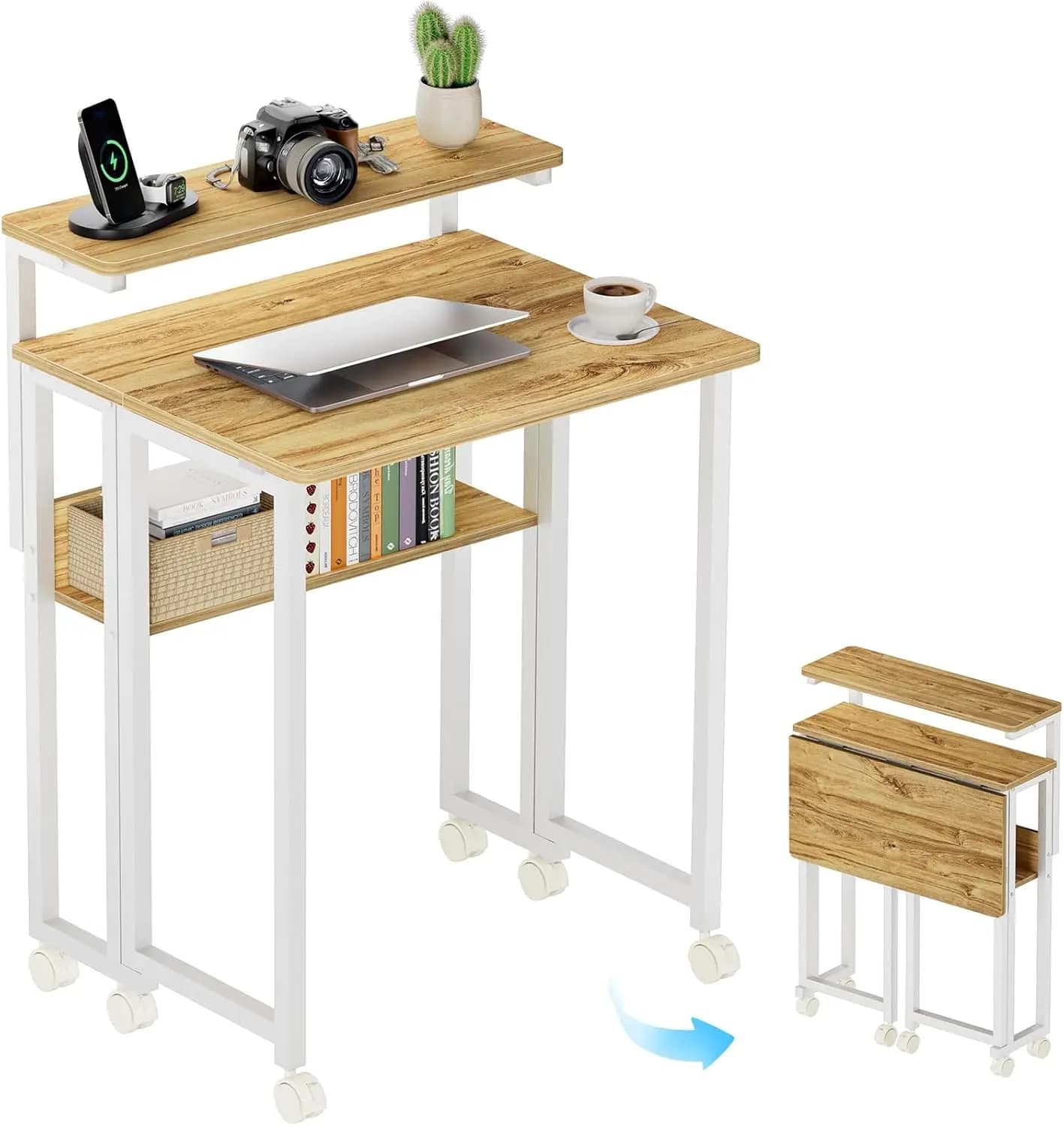 Scrivania Pieghevole con Supporto Monitor Regolabile e Ripiano Portaoggetti, Scrivania Piccola da 63 cm con Ruote, Tavolo Mobile su Ruote per Piccoli Spazi