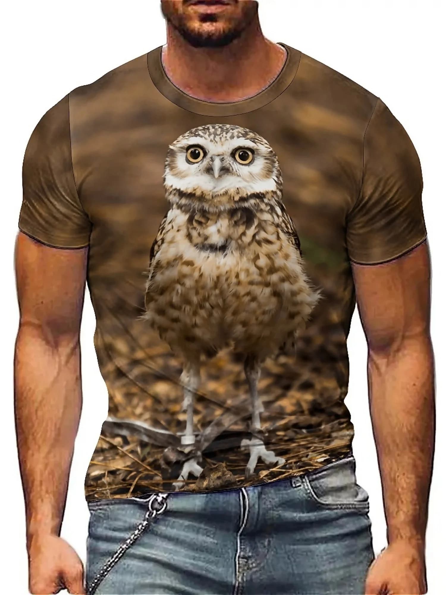 T-shirt con grafica gufo marrone/arancione da uomo e da donna - T-shirt in poliestere leggero e traspirante