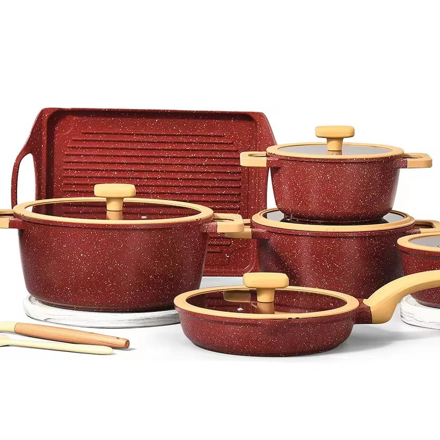 Set di Pentole in Alluminio con Fondo a Induzione, Padella Antiaderente con Coperchio in Vetro, Vendita Calda in Sud America per Cucinare