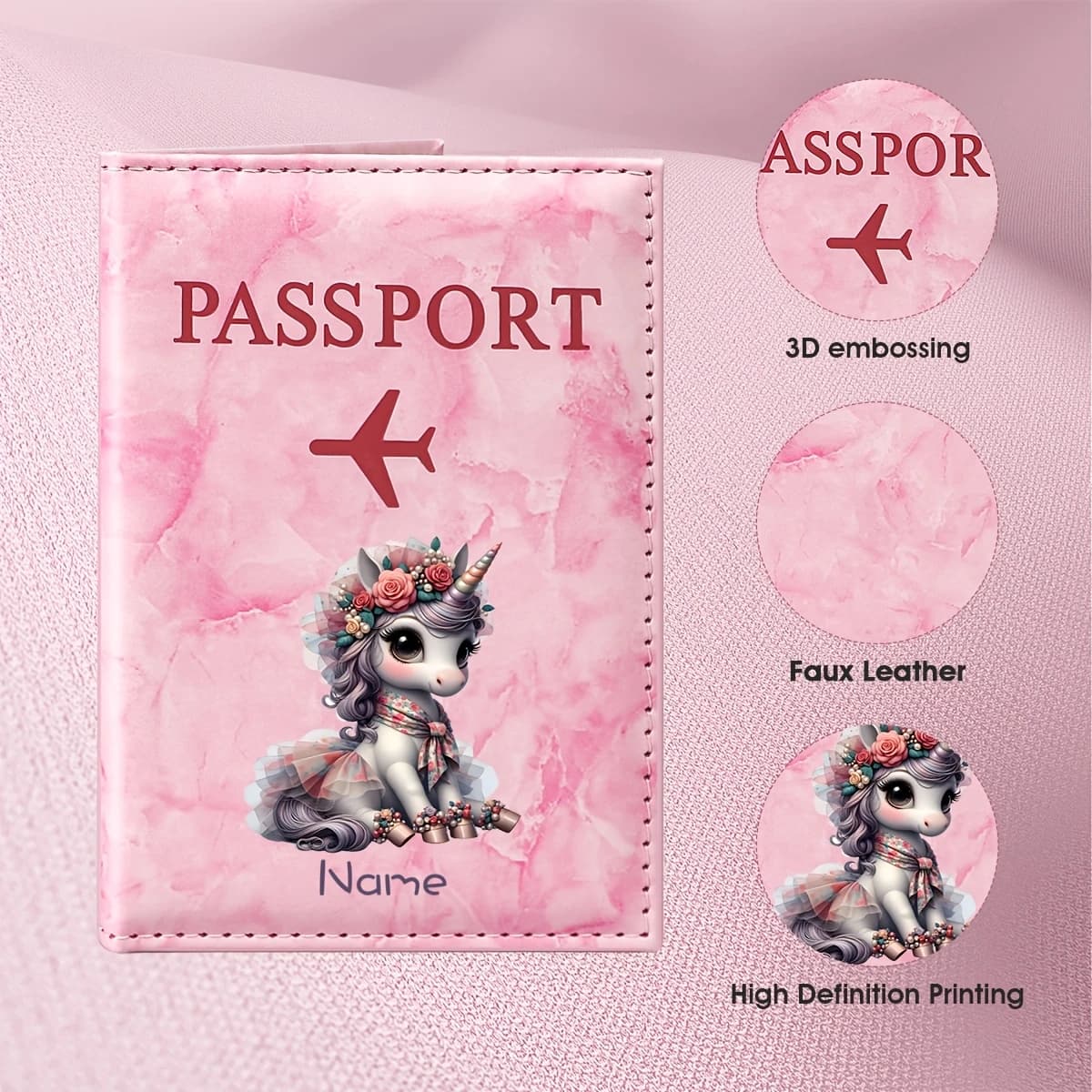 Custom Personalized Name Design Fantasy Unicorn Illustration Passport Holder, Featuring a Seated Unicorn Wearing a Floral Crown