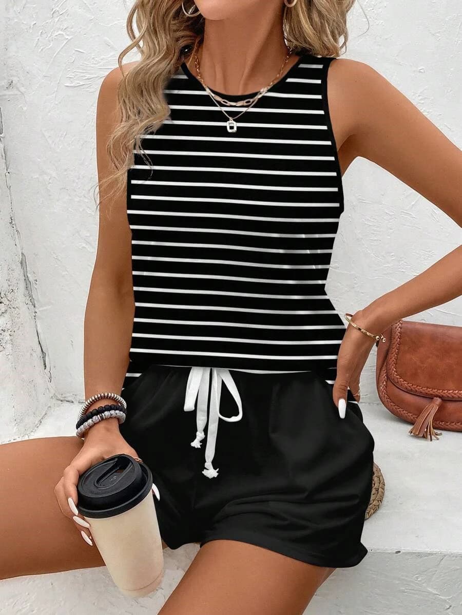Women's Spring/Summer Fashion Two-Piece Set - Striped Print Sleeveless Vest + Solid Color Casual Shorts Set