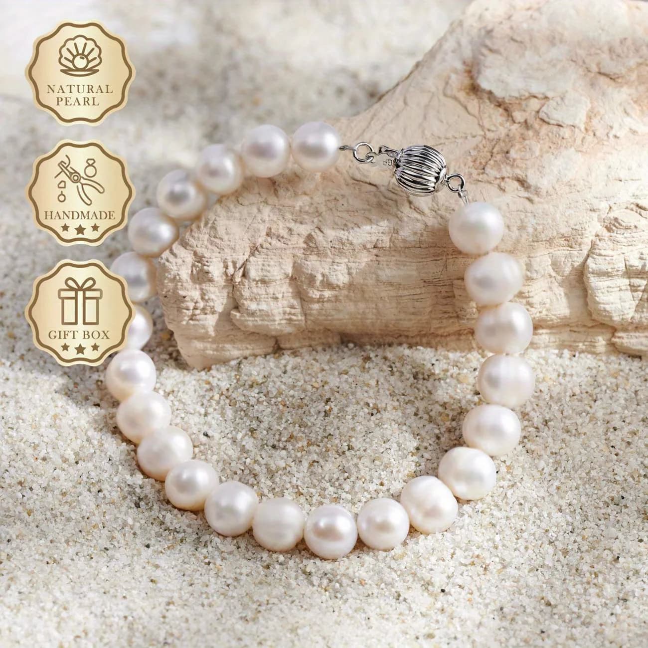 Mysoya White Pearl Bracelet 8-9mm Lantern Clasp Gift Box Wedding Bridesmaid Birthday Jewelry S02