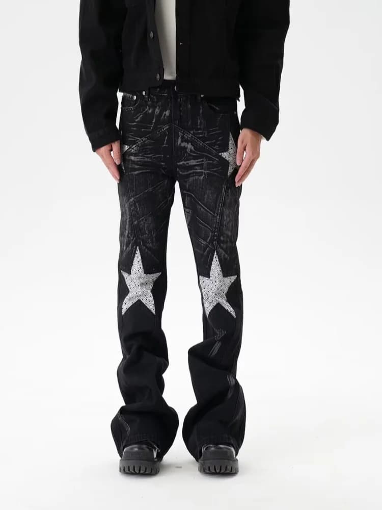 2025 American Retro Y2K Streetwear Star Embroidery Washed Black Slim Jeans Pants For Men Clothing Long Trousers Pantalon Hombre