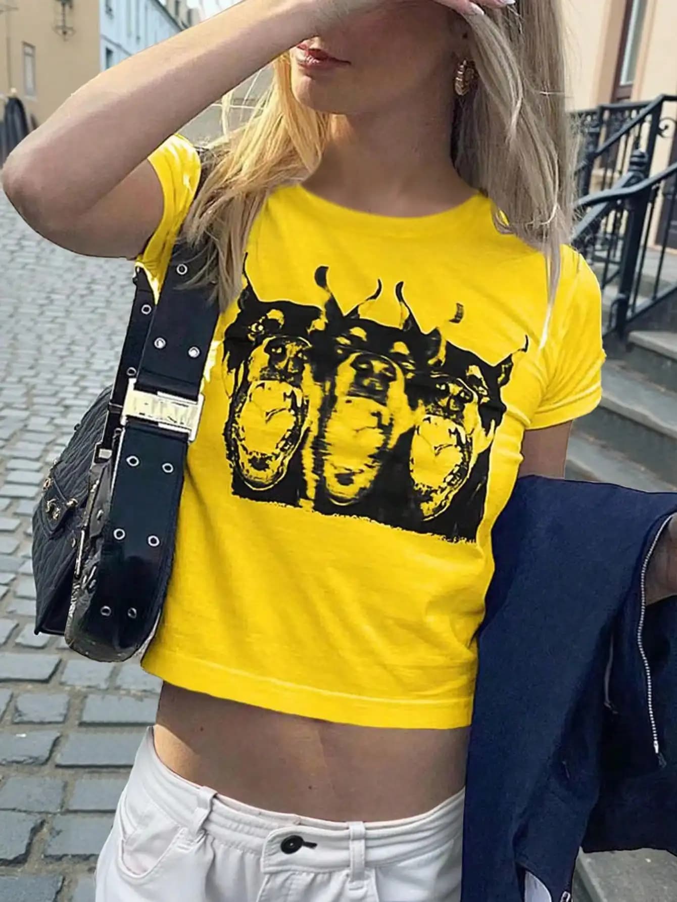 T-shirt corta casual da donna con stampa cani, girocollo e maniche corte, estiva