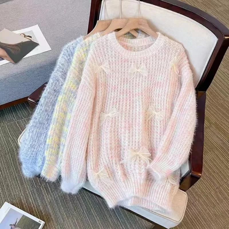 Bow Tie Long-sleeved Knit Sweater Women Hot Sale Lazy Sweater Autumn Winter Pullover Jumper Trend Loose Tops Sweet Coat Chic