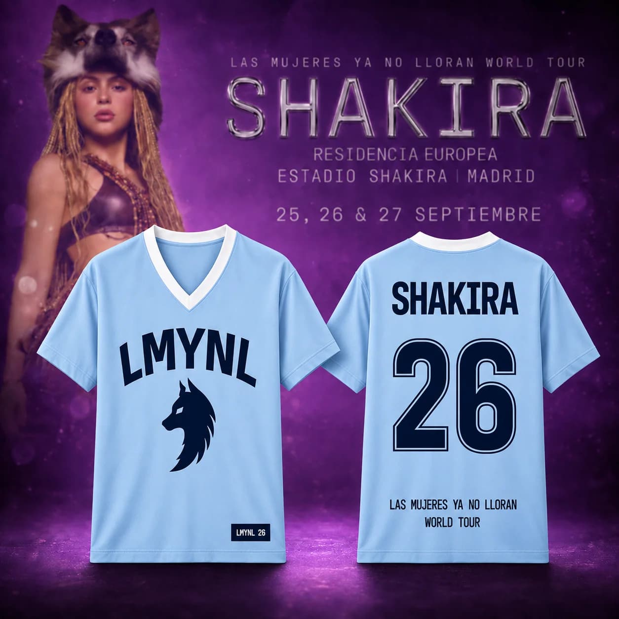Shakira LMYNL Las Mujeres Ya No Lloran World Tour Baseball Jersey Light Blue V-Neck Wolf Number 26 Concert Merch Unisex Fan Gift