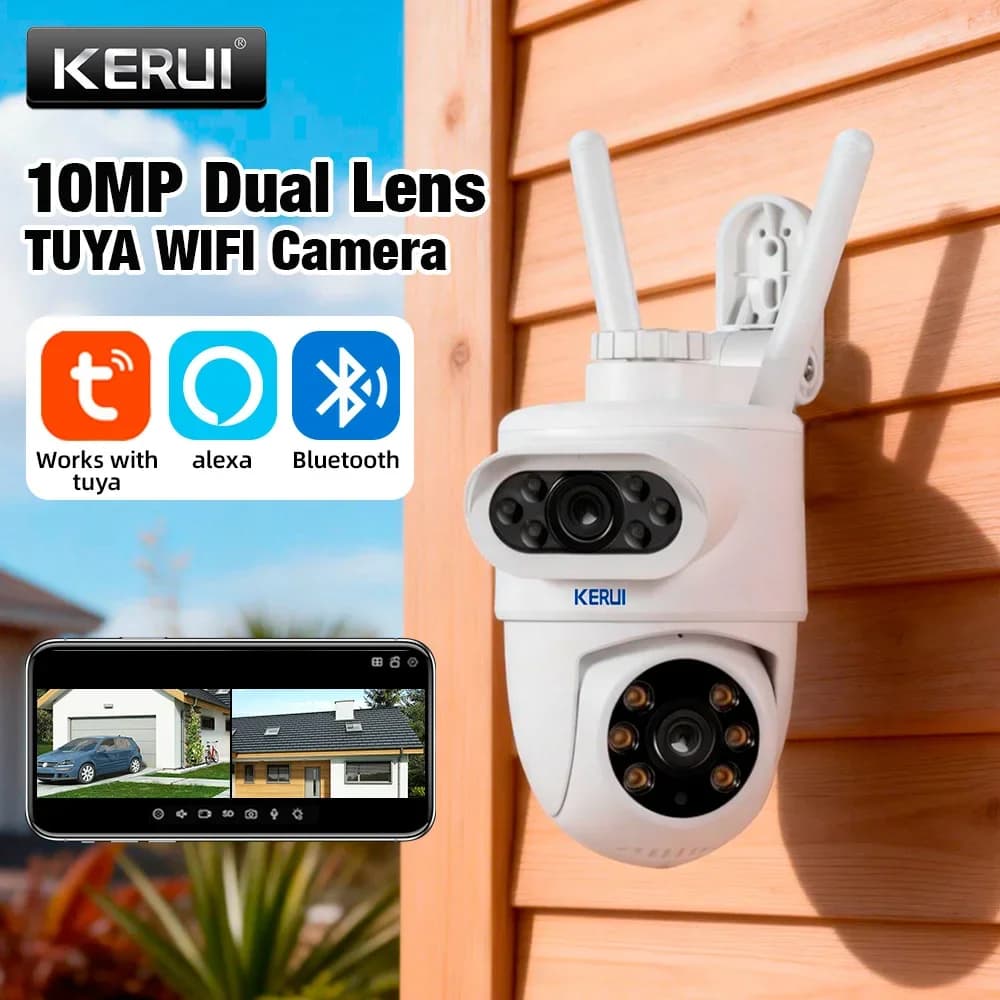 Telecamera PTZ WIFI KERUI 5K 10MP a Doppia Lente, Full HD, Doppio Schermo, Tracciamento Automatico, Telecamera di Sorveglianza Esterna con Tuya