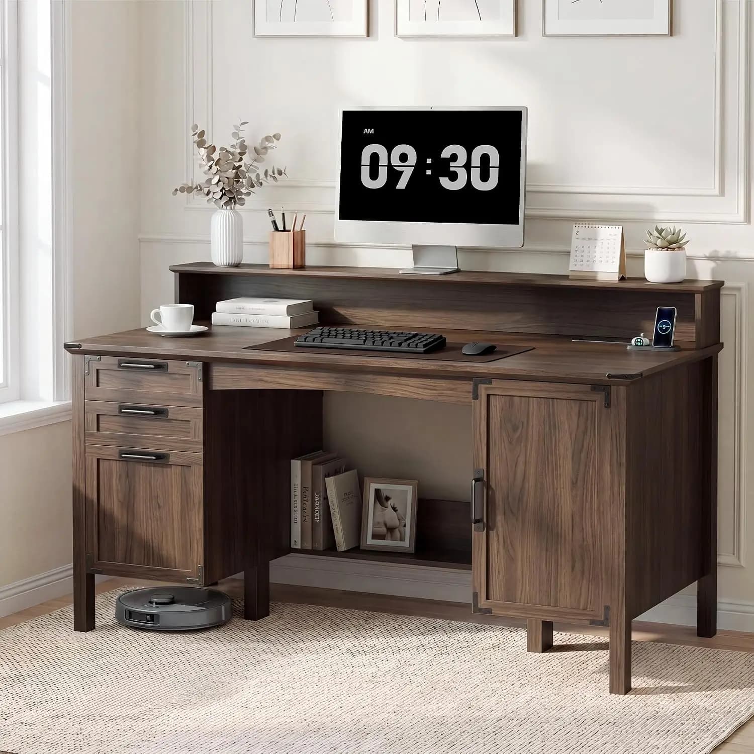 63" Farmhouse Desk w/Power Outlet Monitor Stand Walnut Executive Desk Monitor Riser 2 Drawers File Cabinet Work Game, Customized
