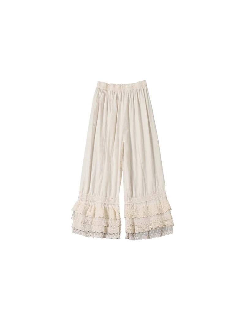 Spring 2024 Japanese Style Loose Cotton Lace Trim Bottom Pants Three Layers High Waist Straight Leg Casual Skirt Pants