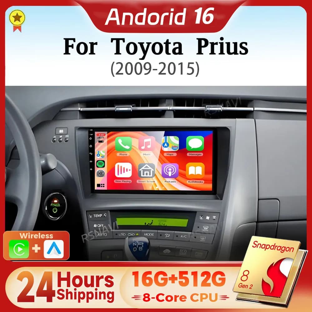 Android 16 Qualcomm Carplay Auto Car Radio Multimedia Player For Toyota Prius XW30 2009 - 2015 Audio Autoradio GPS BT Snapdragon