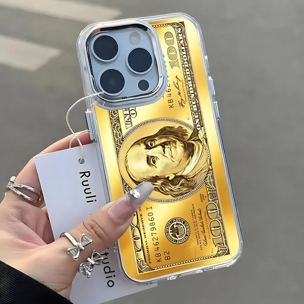 Golden Dollar Phone Case For iPhone17 16 15 14 13 12 11 Pro Max Plus Chrome Button Camera Ring Transparent Case