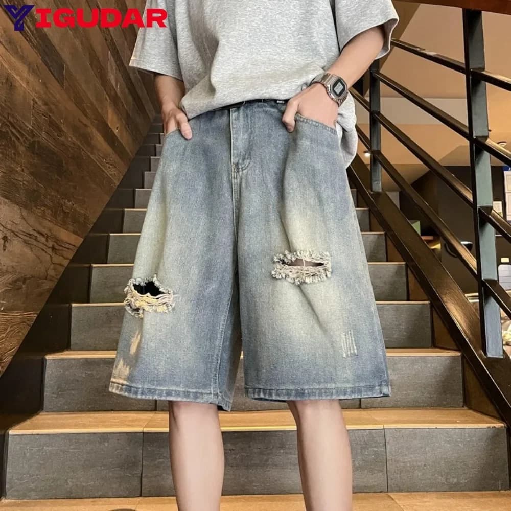 Summer Thin style Thin Men's Denim Shorts Baggy Straight Fashion Elastic Waist Short Jeans Korean Streetwear Knee Shorts Male