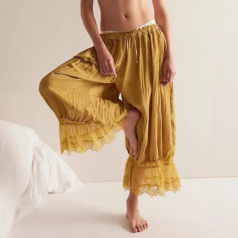 Pantaloni da donna con pizzo, stile vintage, lunghi, sottoveste, pantaloni a zampa, pantaloni Y2K, capri, pigiama, pantaloni a zucca con volant, carini