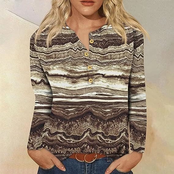 Women's top with Boho print strong sizes, long sleeve shirt with Henley neck, casual shirt to wear every day