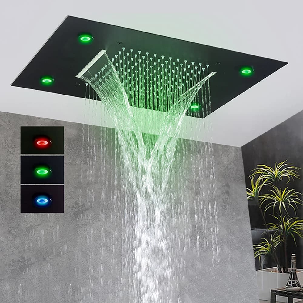 Soffitto nero Telecomando intelligente LED Cascata a pioggia Soffione doccia singolo Rubinetto doccia a scomparsa