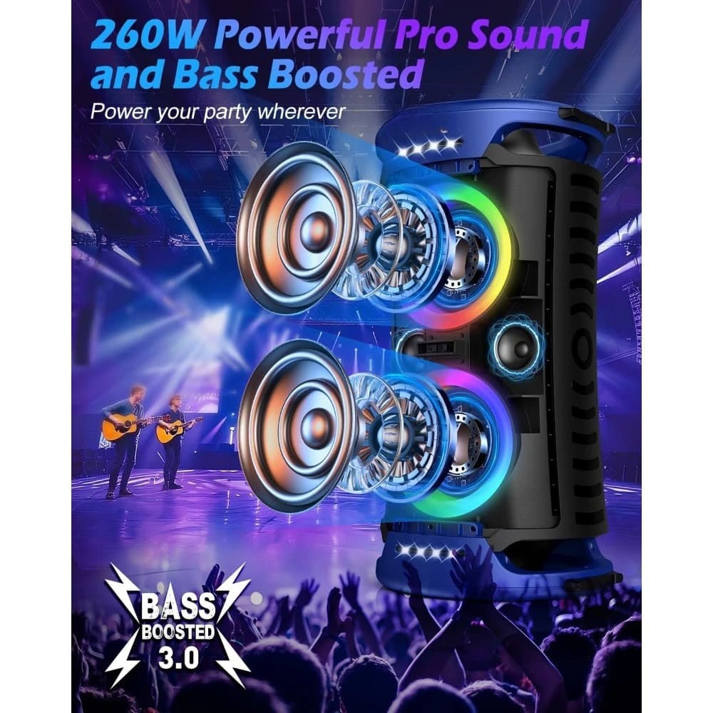 Altoparlante Bluetooth da 260W di Potenza di Picco con Bassi Profondi, 15 Ore di Riproduzione, Ricarica Rapida, Luci RGB, TWS Portatile per Feste all'Aperto e Spiaggia