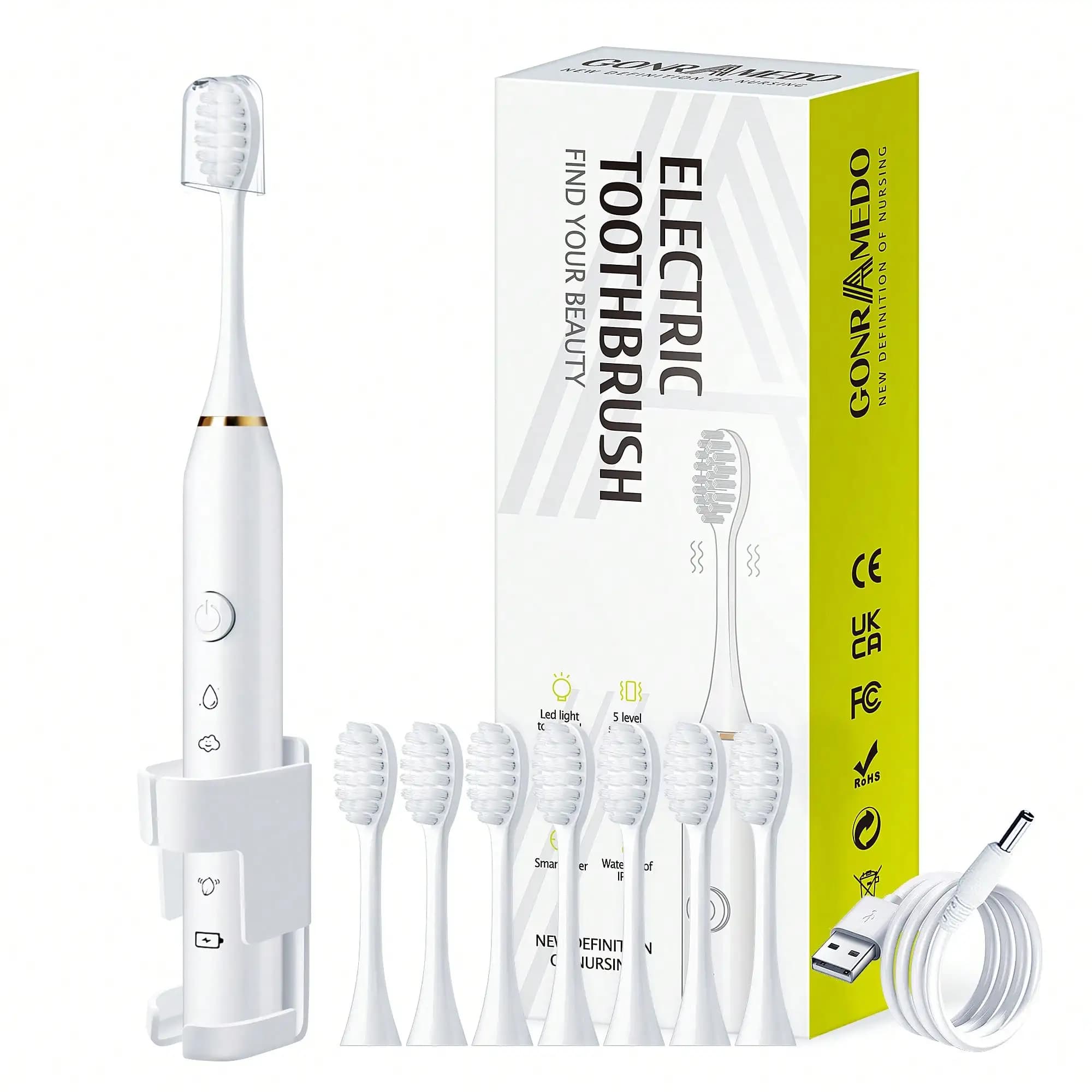 1PC Electric Toothbrush With 8 Replaceable Toothbrush Heads, A Wall-Mounted Bracket And A Dust Cover, USB Charging, 5-Speed Intelligent Cleaning Mode, Toothbrush Body, 7-Level Waterproof, Personal Oral Care Equipment Power Toothbrush, Suitable For Travel,