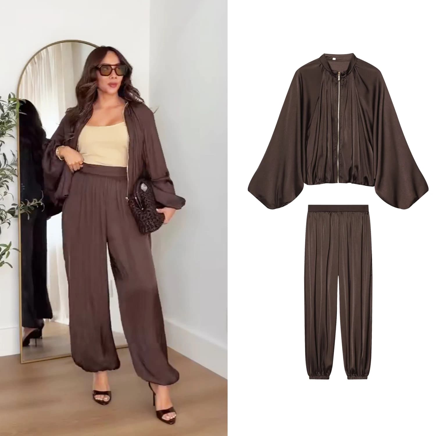Women's Coffee Pleated Bubble Pants Sets Or Female Puff Loose Long Sleeved Jackets Top Or Lady High Waisted Casual Long Trousers