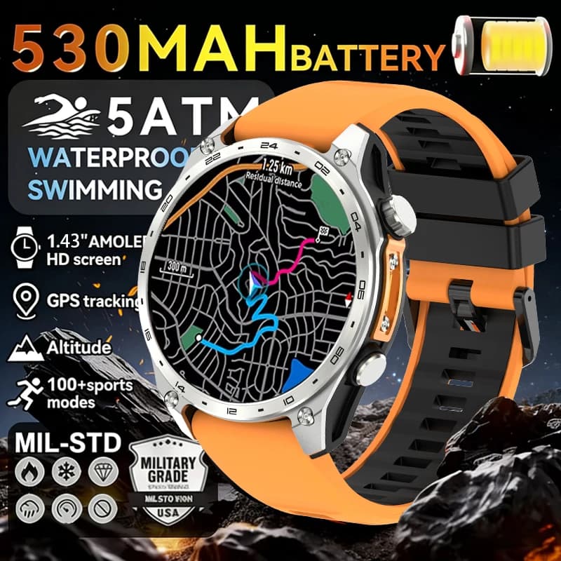 New Military Smartwatch TREX-3 2026 with 530mAh Battery, 1.43 Inch Screen, 5ATM Waterproof, GPS, altimeter, Bluetooth Calls for Men