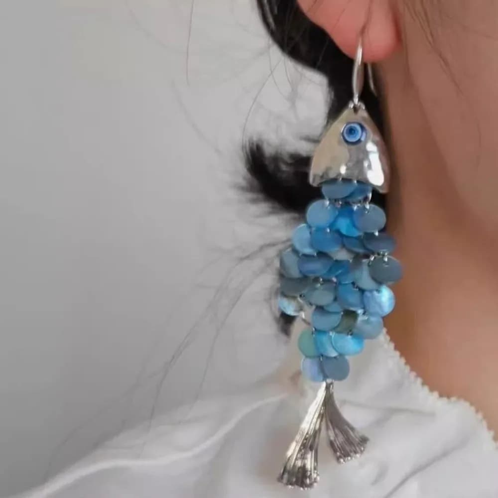 Orecchini Pendenti a Forma di Pesce con Nappa, Eleganti con Effetto Scaglie di Conchiglia, Design a Gancio in Lega, da Donna