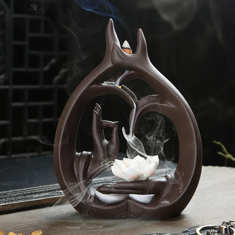 Con 10 coni di incenso a mano di Buddha, incensiere con riflusso, decorazione per la casa