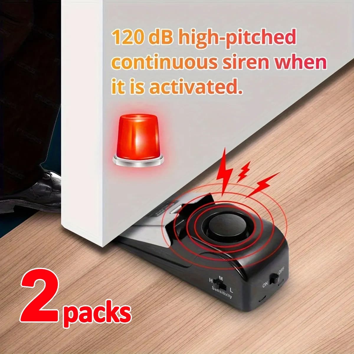 Set di 2 Allarmi Wireless per Porta, Sistema di Sicurezza a Cuneo da 120dB, Fermaporte da Pavimento con Sensibilità Regolabile, Allarme a Pressione per Casa