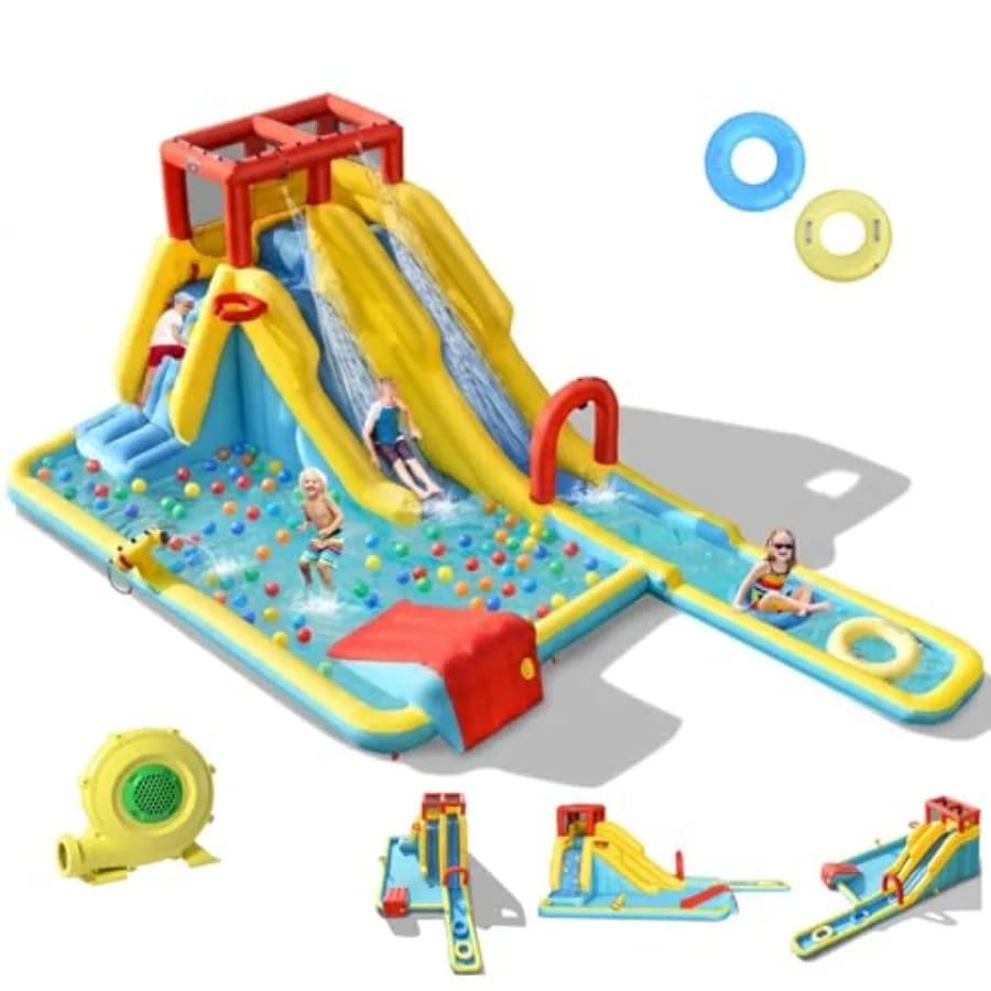 Scivolo Acquatico Gonfiabile Doppio con Parco Acquatico, Castello Gonfiabile, Soffiatore da 950W, 2 Anelli da Nuoto e Grande Piscina Splash per Giardino