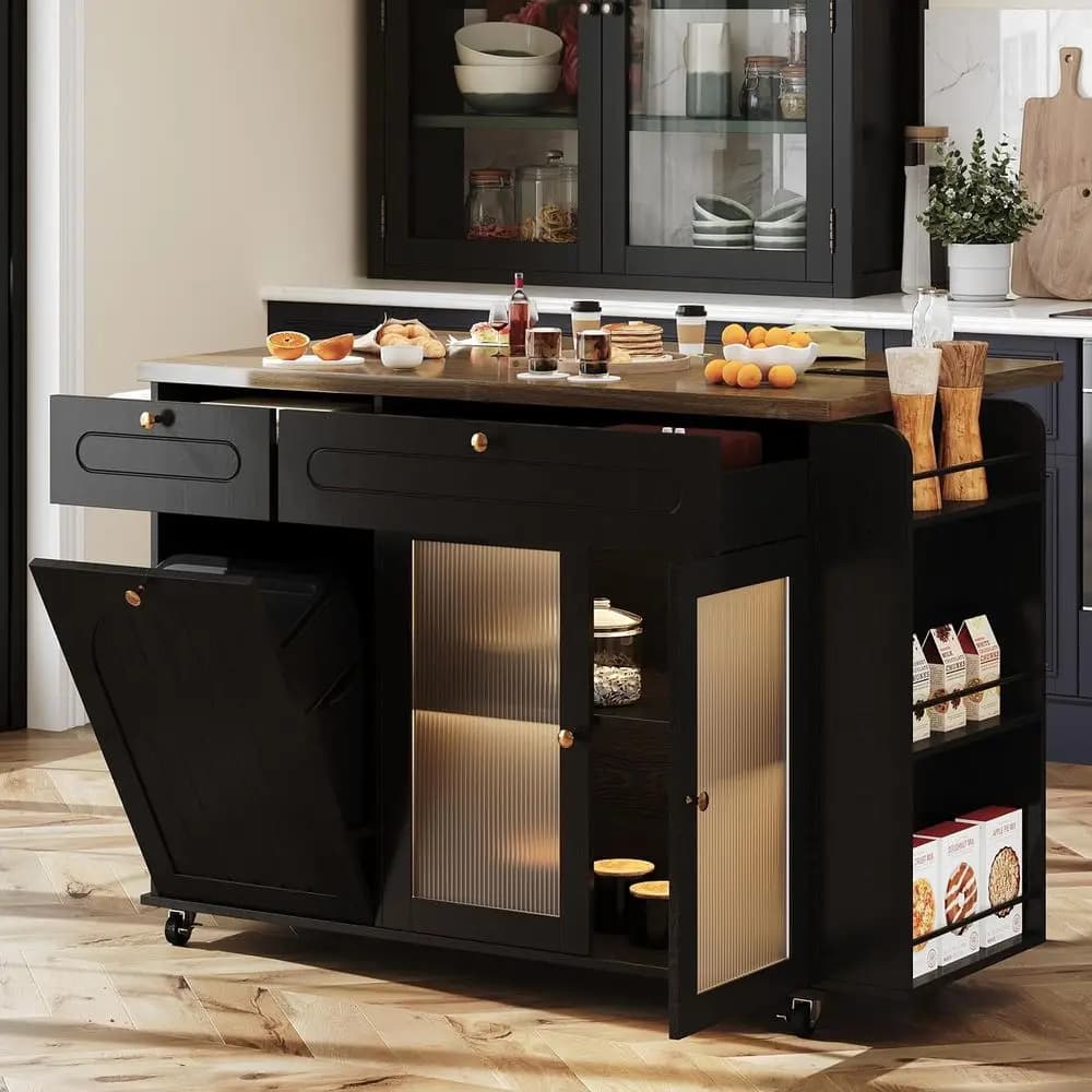 Isola da Cucina Mobile da 58 Pollici con Spazio di Stoccaggio, Presa Elettrica, Luce LED, Piano Ribaltabile, Carrello Mobile, Cestino, Porta Spezie, Portasciugamani, Nero