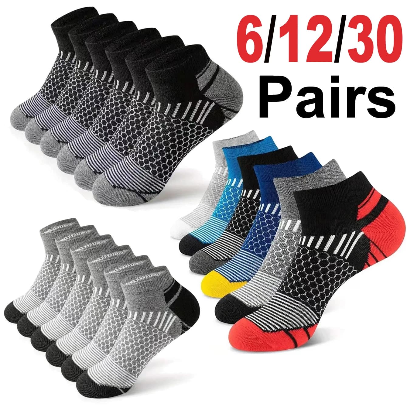 6 Pairs Men's Honeycomb Mesh Ankle Socks Multicolor Cloudsoft Cushioned Breathable Sweat Wicking Nonslip Trendy Daily Sport Soc