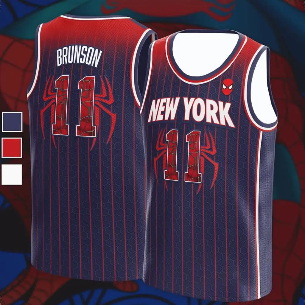 New Spider-Man Cartoon Cosplay Jersey Bambini Adulti Gilet da basket traspirante ad asciugatura rapida di grandi dimensioni No.11 Brunson Tee da uomo