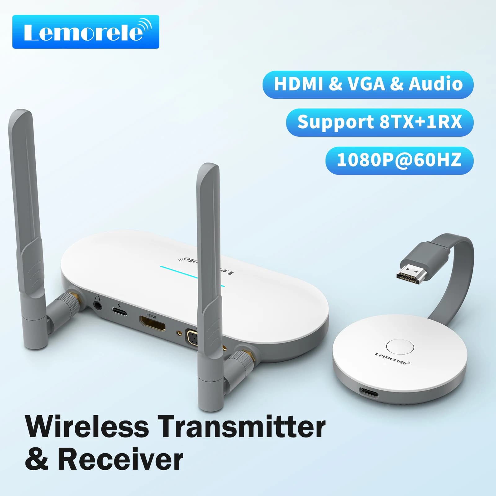 Lemorele Wireless HDMI Video Transmitter & HDMI/VGA Receiver Extender Display Adapter Dongle for TV Monitor Projector Switch PC