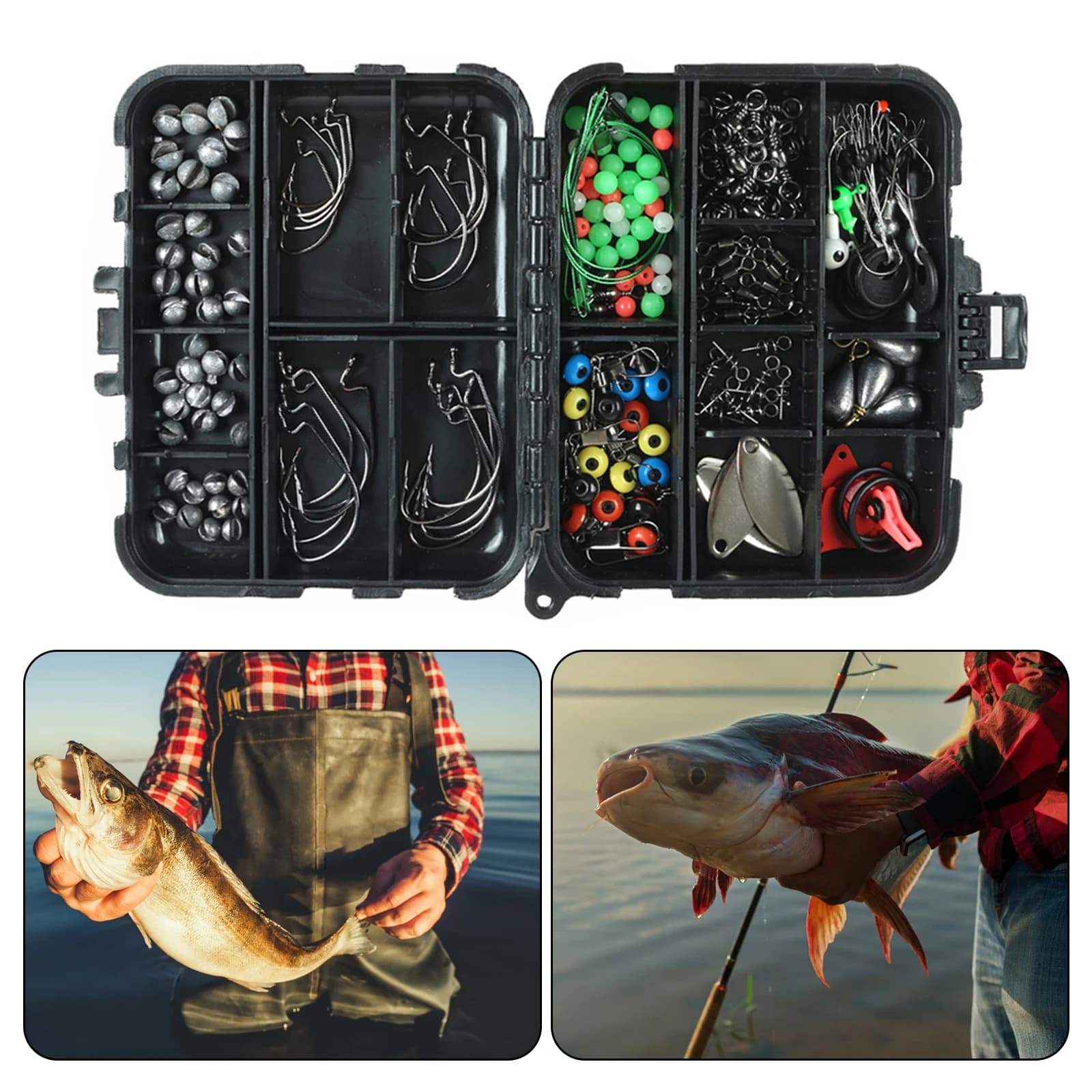 Kit di accessori da pesca con scatola porta attrezzi, pinze, ami jig, girelle, moschettoni, piombi, slider, perline e girelle da pesca