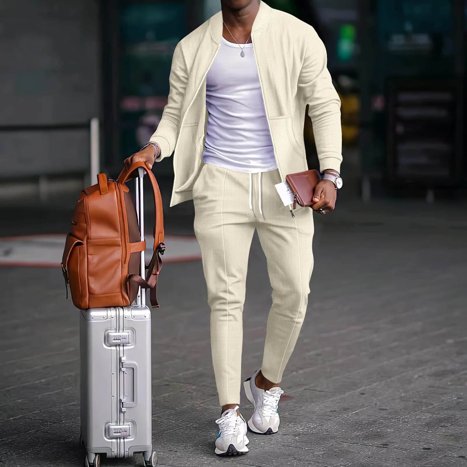 New men's mature and stable soft and comfortable skin-friendly breathable and cozy waffle pocket zipper jacket outer suit