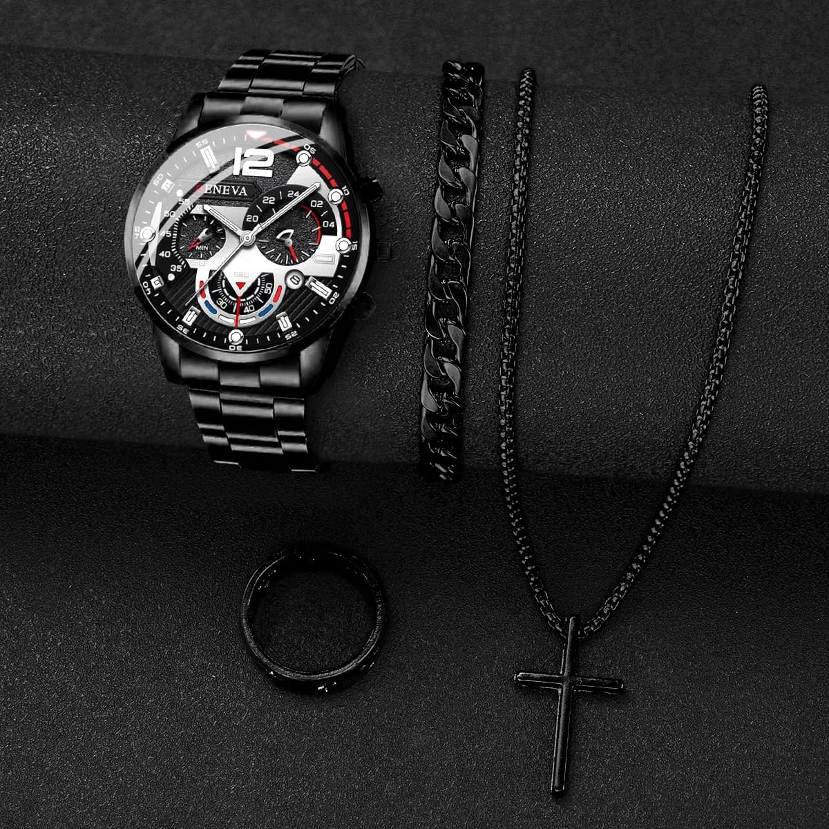 20264PCS/Set Fashion Men Watches Black Steel Band Men Business Quartz Watch Jewelry Set（Without Box）watch