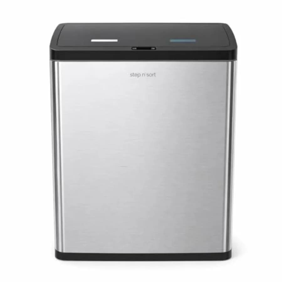 Cestino per Rifiuti con Sensore di Movimento 60L, Bidone della Spazzatura Touchless in Acciaio Inox per Cucina con Doppio Scomparto e Coperchio a Chiusura Morbida