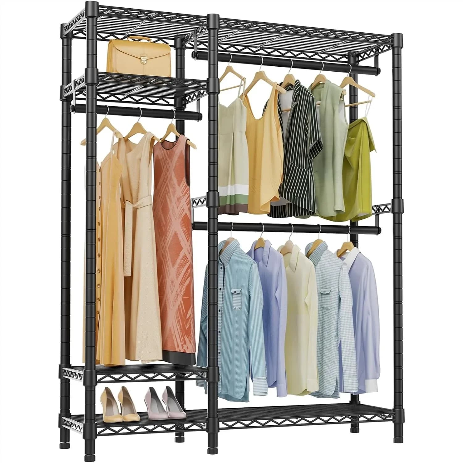 Heavy Duty Clothes Rack, Portable Metal Clothing Rack with 4 Adjustable Shelves & 3 Hanging Rods, Freestanding Closet Organizer