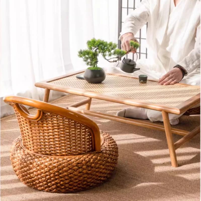 Poltrona in rattan naturale con supporto per la schiena Sedia da pranzo da patio intrecciata Balcone Comoda poltrona monoposto per seduta lunga
