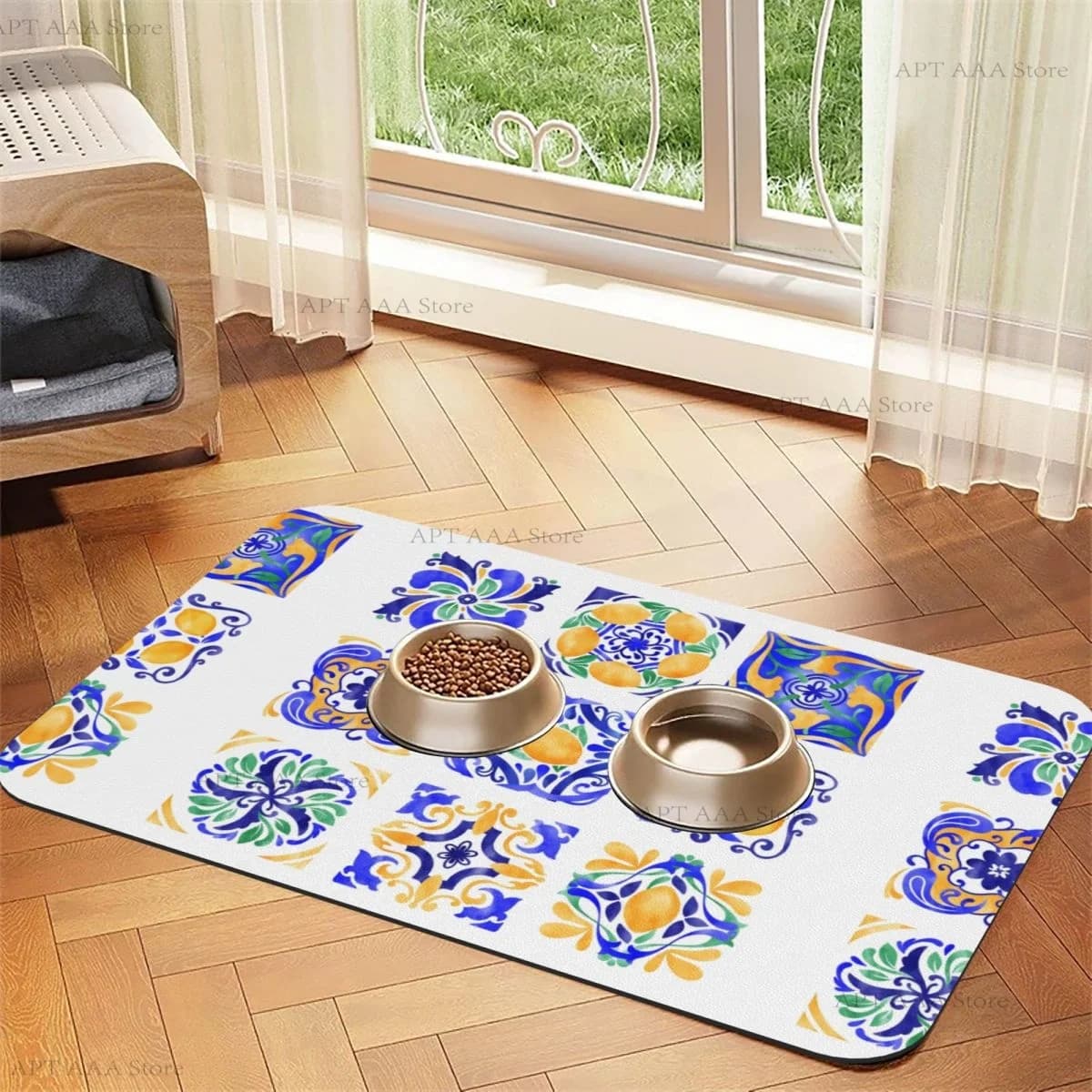 Tappetino per mangiatoia per gatti per animali domestici in pelle assorbente geometrica vintage limone tappetini per mangiare cani e gatti lavabili