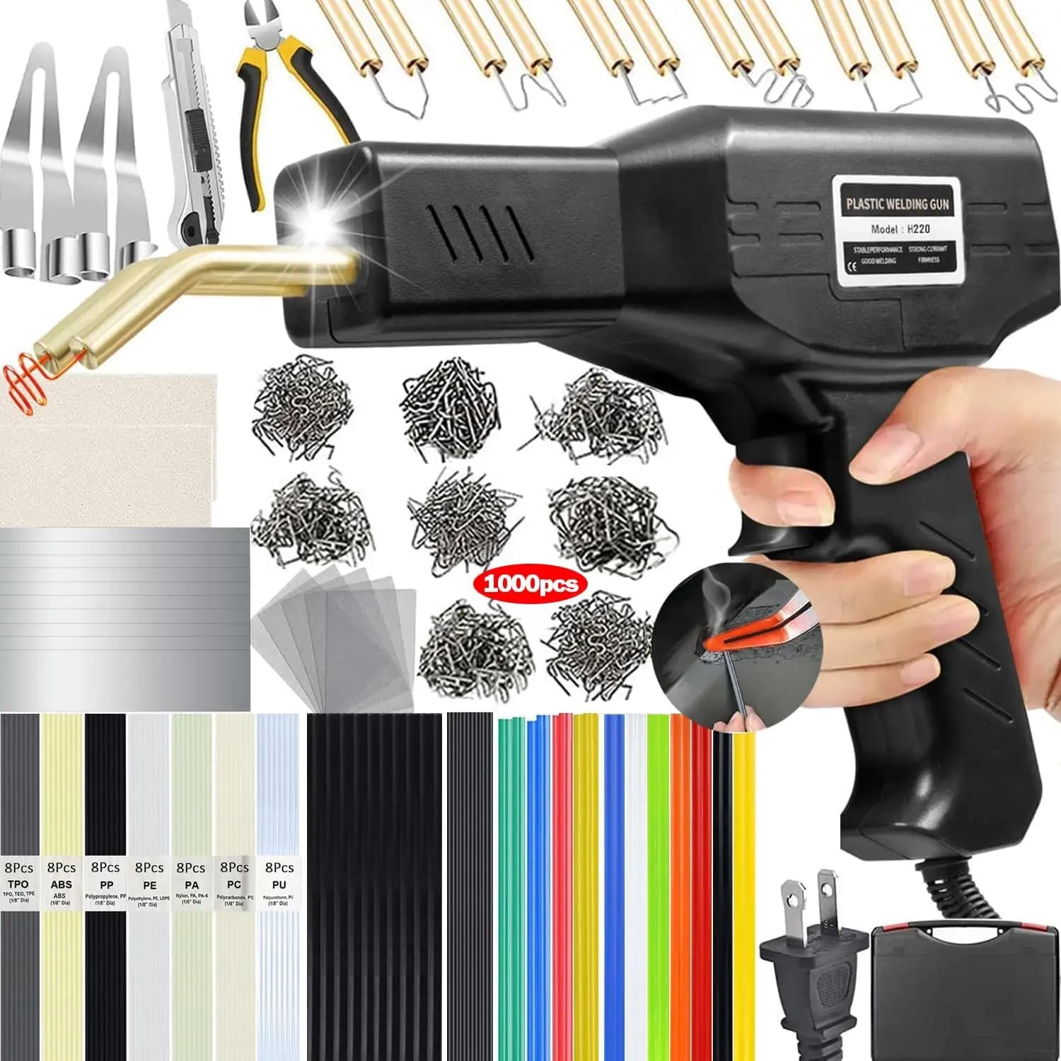 Saldatore per Plastica Potenziato da 220W, Kit di Riparazione e Saldatura 2 in 1 con 1000 Graffette a Caldo