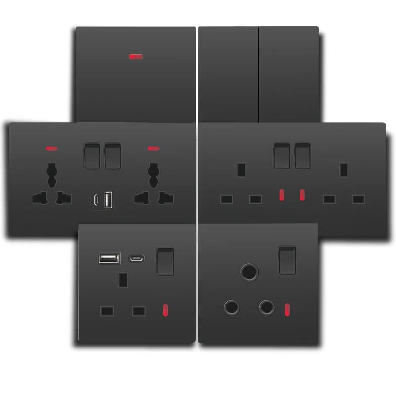 Nero UK Standard presa a muro interruttore pannello Type-C 18W ricarica rapida 13A Usb 3.1A presa a muro, doppia presa di corrente universale a 3 pin