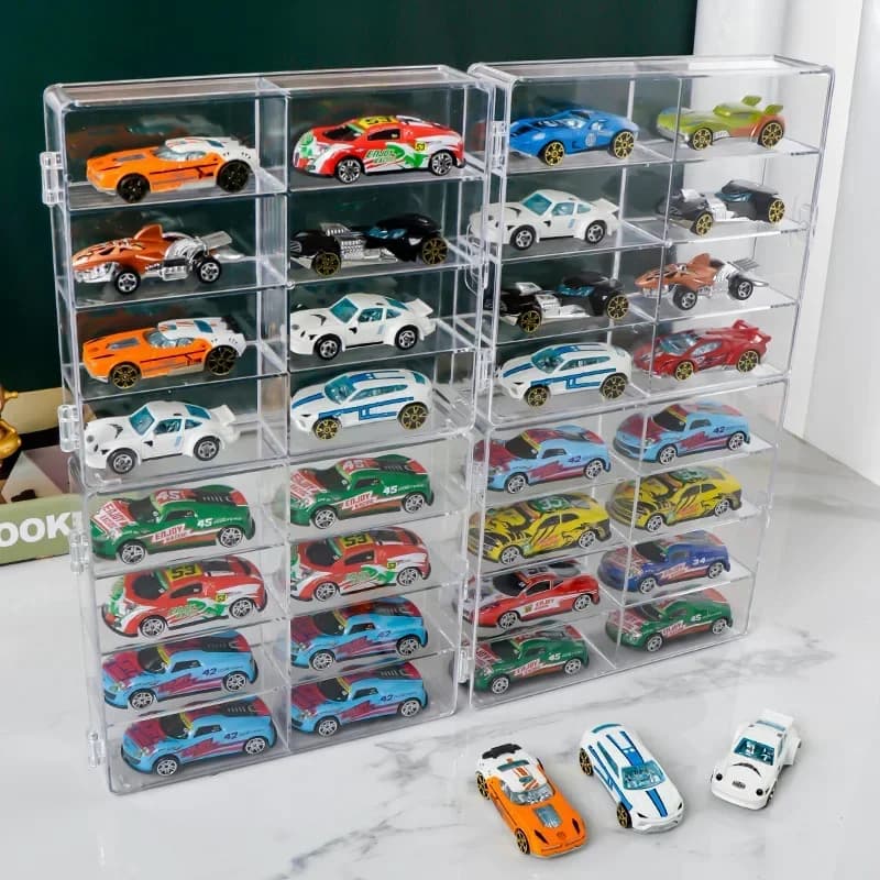 Espositore in acrilico per modellini di auto Hot Wheels in scala 1:64, mobiletto a 8 scomparti, antipolvere, impilabile, trasparente.