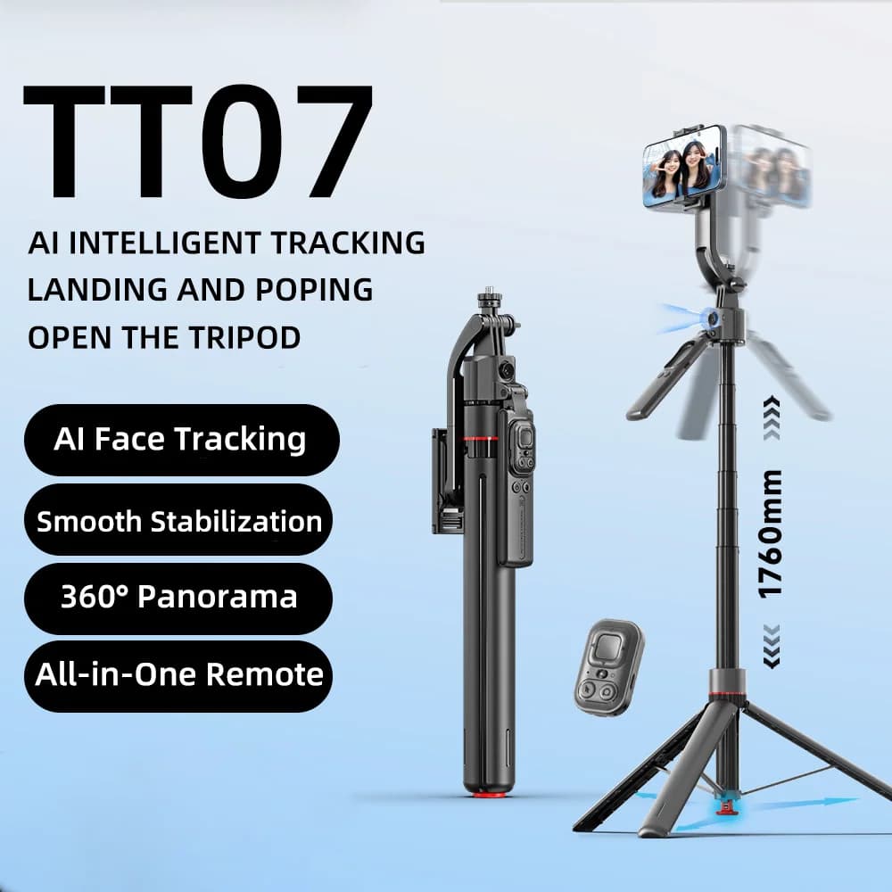 TT07 1760mm AI Face Tracking Treppiede Selfie Stick Gimbal 360 ° Ruota scatto con supporto per telefono per action camera per telefono cellulare