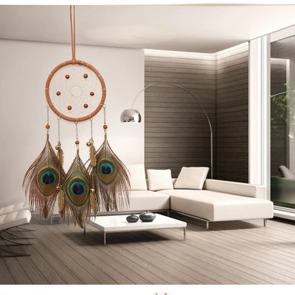 Bohemian Dream Catcher Feather Wall Pendant Handmade Retro Bronze Color Peacock Feather Bedroom Dreamcatchers Hanging Ornament