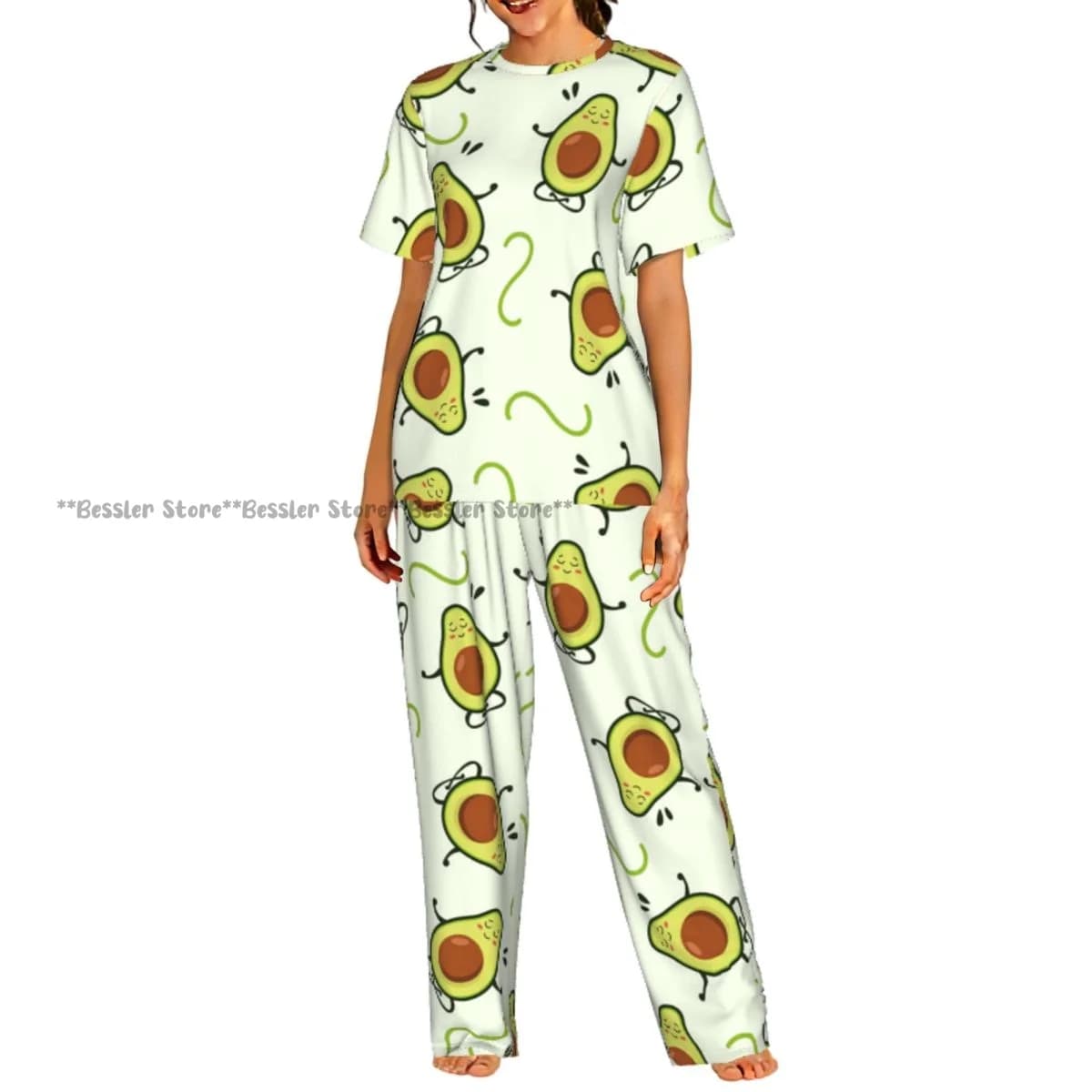 Women's pajamas with avocado print, short sleeves, for leisure and night