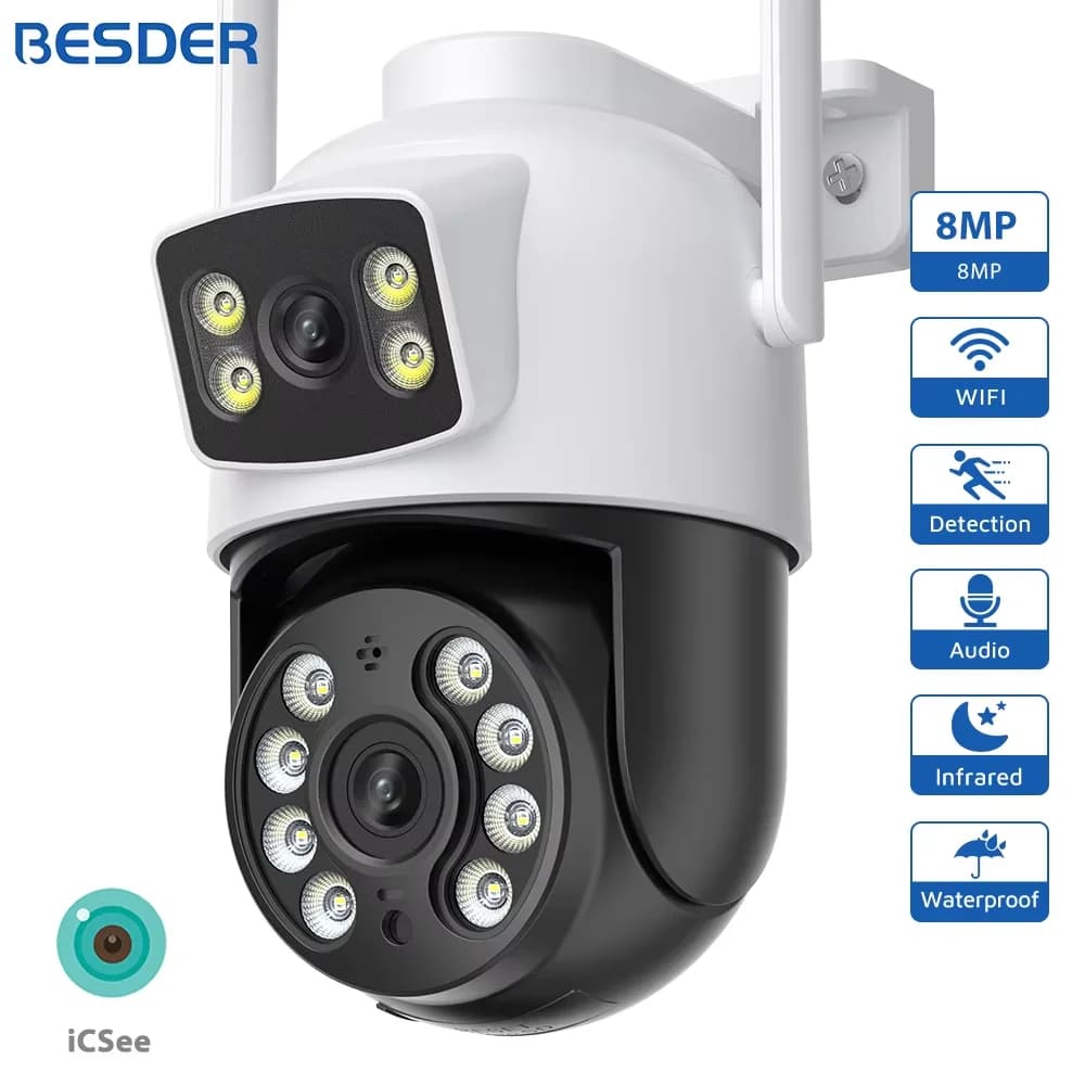BESDER 8MP IP Camera PTZ Auto Tracking visione notturna protezione di sicurezza esterna Wifi CCTV telecamera di sorveglianza doppi schermi iCSee