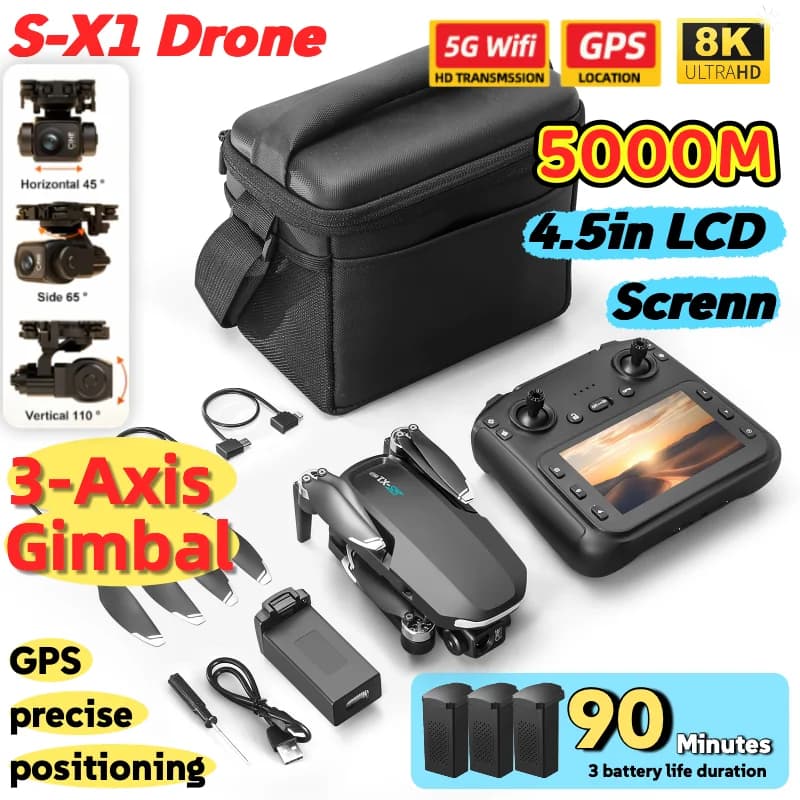 S-X1 MAX GPS Drone with 3-Axis Gimbal 8K/4K HD Camera 5000m FPV LCD Remote Screen 30min Flight Professional Foldable Quadcopter