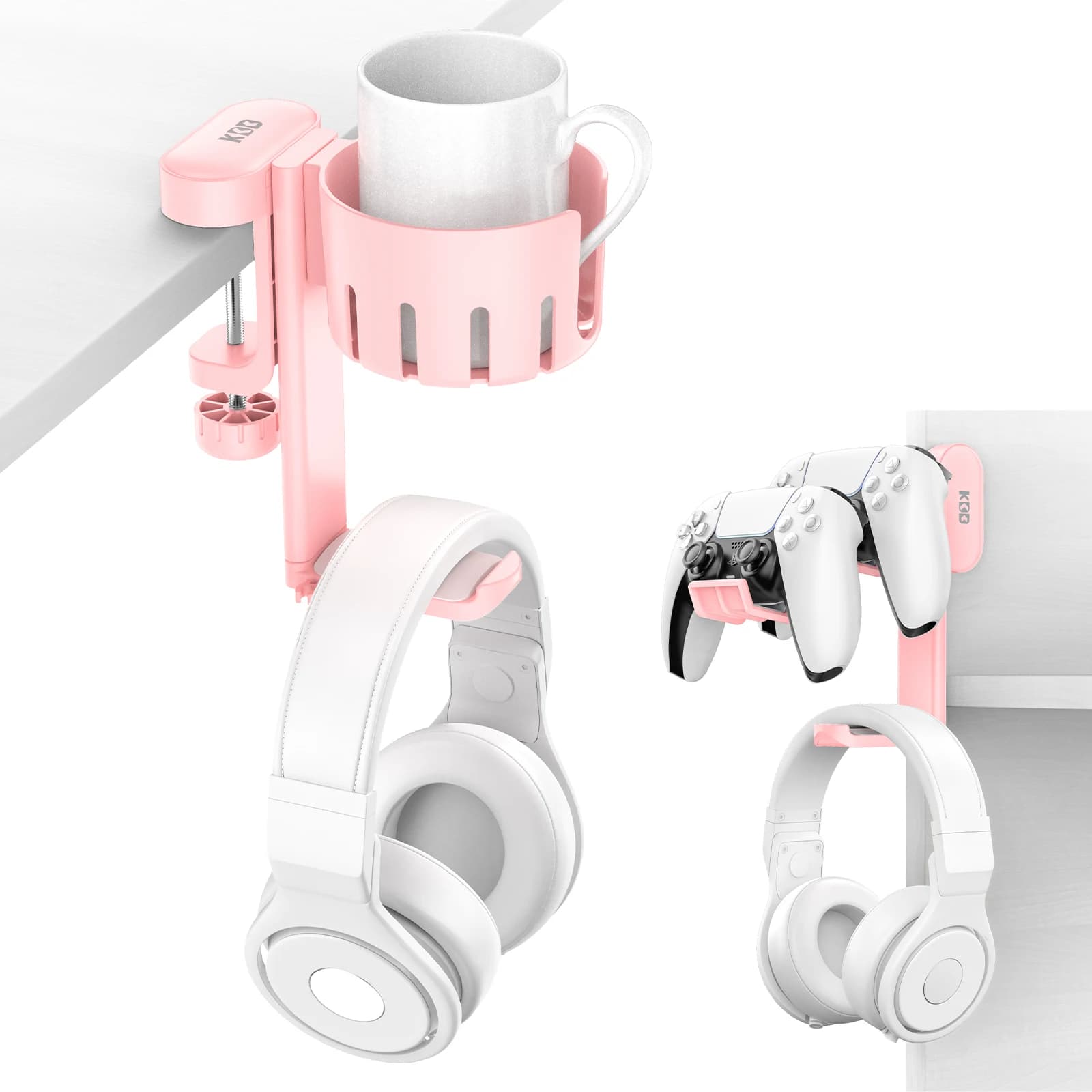 Headphone and controller hook 3 in 1 with desk cup holder Pink storage organizer for gaming and audio headphones, controllers and cups