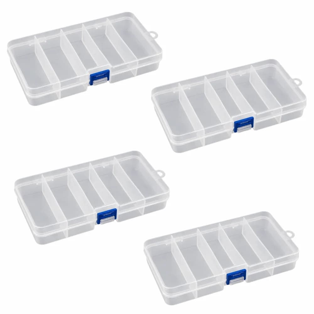 4PCS Clear Plastic Fishing Tackle Storage Box 5 Grid Compartments with Independent Latches Fishing Lure Box Lightweight
