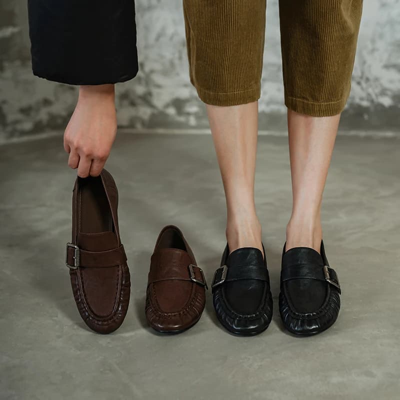 2026new spring autumn women pumps natural leather 22-25 cm washed cowhide+sheepskin+pigskin round toe women shoes buckle loafers